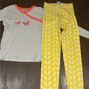 Hanna Andersson Gray and Coral Striped Pajamas with Yellow Butterfly